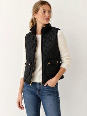 J.Crew Excursion Down Puffer Vest Small Black Quilted Gold Snap Lightweight